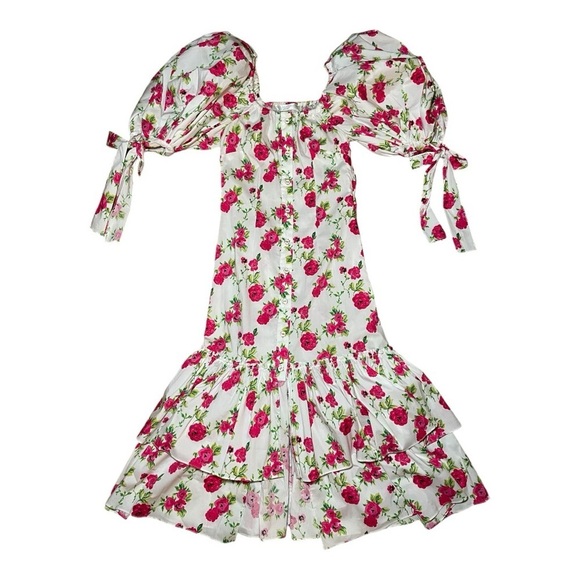 CAROLINE CONSTAS Nella Rosette White and Hot Pink Puff Sleeve Tiered Midi Dress - Picture 5 of 5